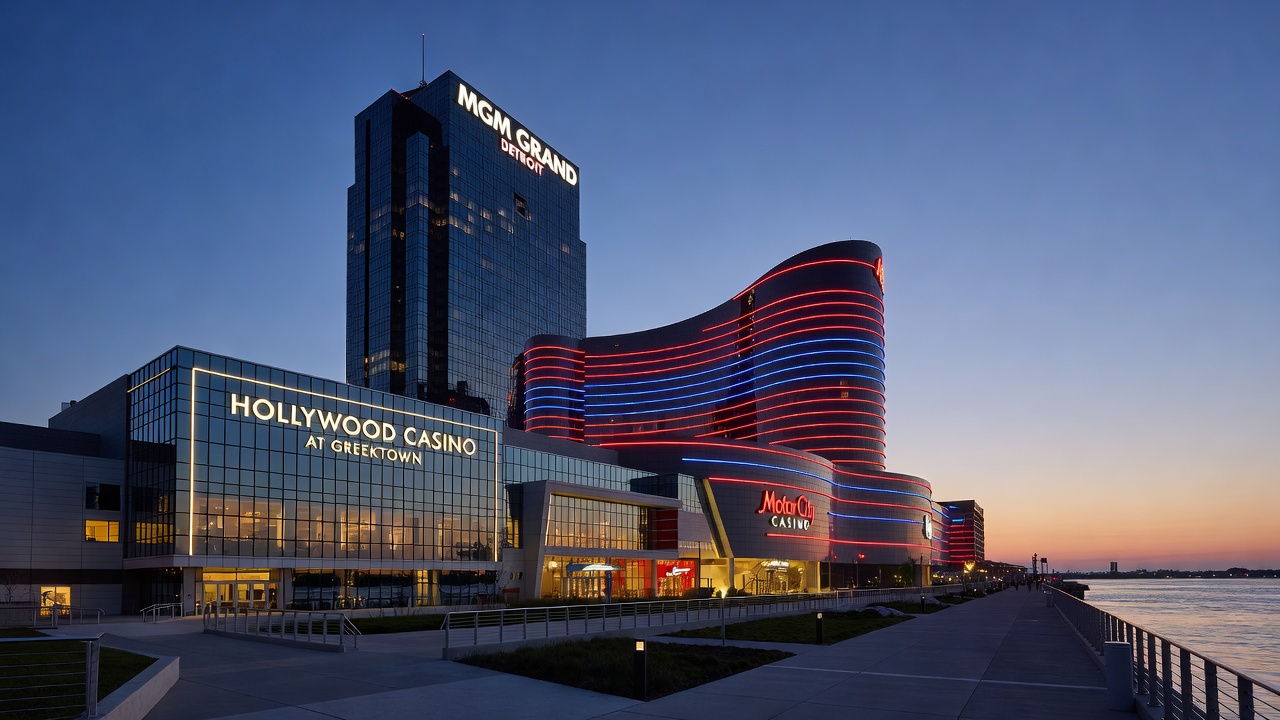 Interior casino floor with slot machines and table games at a Detroit property
